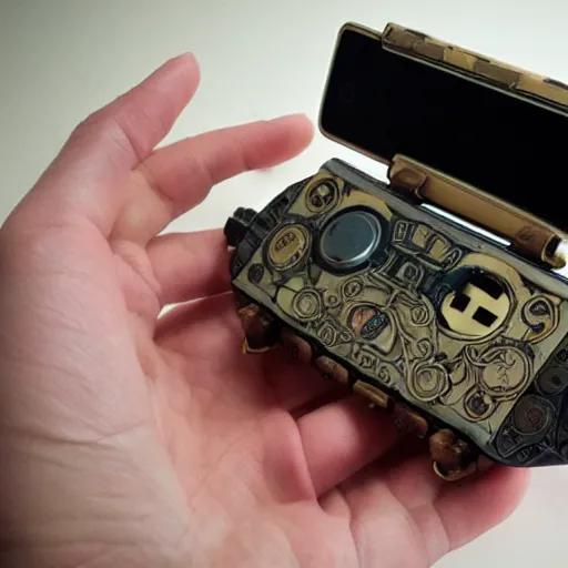 Prompt: handheld steampunk console