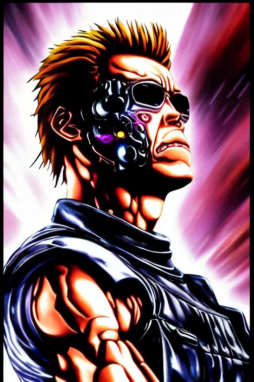 Image similar to photo portrait of the Terminator in the style of the anime JoJo, highly detailed, 8k, ultra-realistic, perfect light
