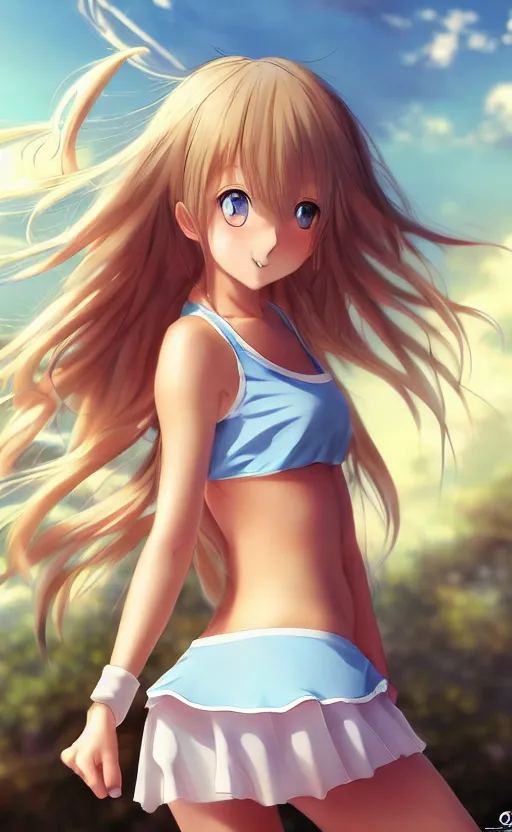 Image similar to a very beautiful young anime tennis girl, full body, head, long wavy blond hair, sky blue eyes, full round face, short smile, bikini, miniskirt, front view, mid - shot, highly detailed, cinematic wallpaper by stanley artgerm lau