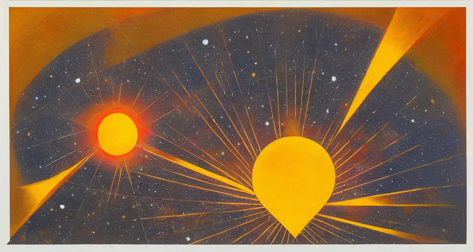 Prompt: hexagonal solar sail in space between the sun and earth, art deco painting
