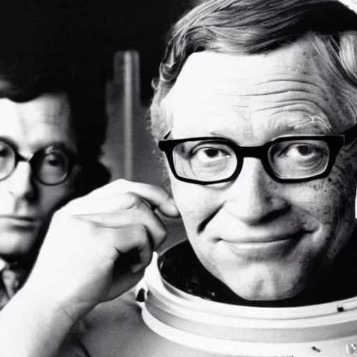 Image similar to Isaac Asimov in space with bill gates, old photograph, 1978