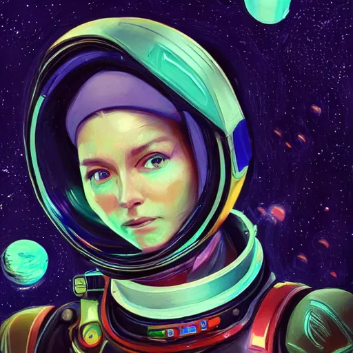 Prompt: colorful character portrait a woman in a space suit among the stars, set in the future 2 1 5 0, highly detailed face, very intricate, symmetrical, cinematic lighting, award - winning, painted by mandy jurgens, pan futurism, dystopian, bold colors, cyberpunk, groovy vibe, anime aesthetic, featured on artstation