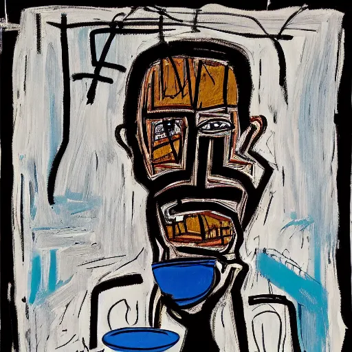 Prompt: Late Morning. Sunlight is pouring through the window lighting the face of an old man drinking a cup of coffee. Detailed and intricate strokes and lines. Painting by Basquiat, 1986