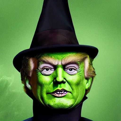 Prompt: wicked witch of the west that looks like trump with green skin, real movie still, photo quality