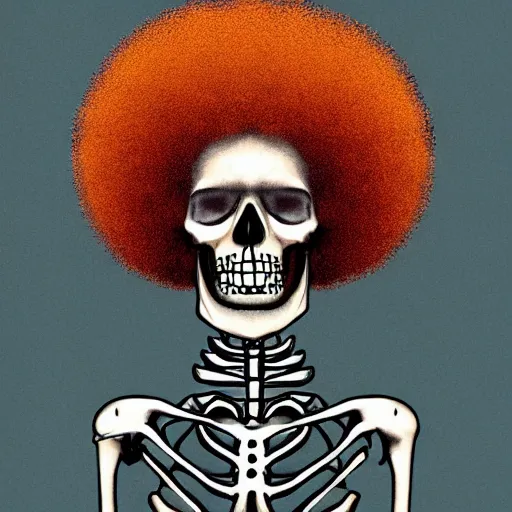 Prompt: skeleton with an afro wearing a spiked leather jacket, stylized, lofi colors faded in foreground