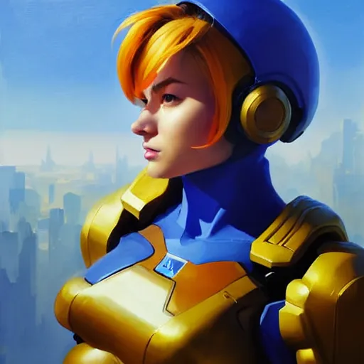 Prompt: Greg Manchess portrait painting o Samus Aran as Overwatch character, medium shot, asymmetrical, profile picture, Organic Painting, sunny day, Matte Painting, bold shapes, hard edges, street art, trending on artstation, by Huang Guangjian and Gil Elvgren and Sachin Teng