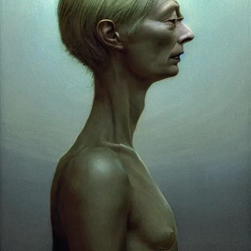 Image similar to Woman masterpiece, Tilda Swinton, yellow, golden halo behind her head, wires everywhere, by Edgar Maxence and Ross Tran, Zdzisław Beksiński, and Michael Whelan, distant, gustav dore, H.R. Giger, 8k, octane render