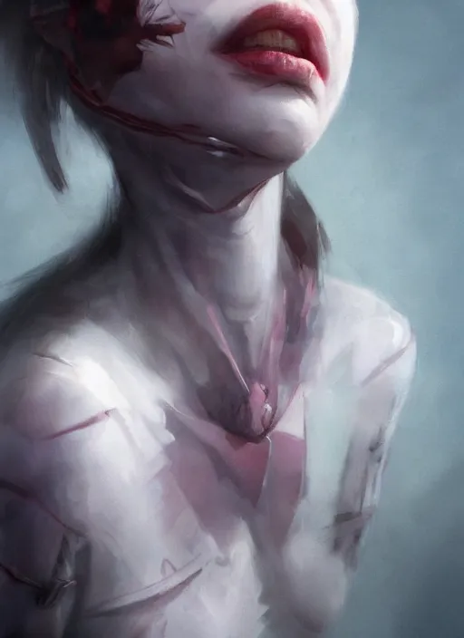 Image similar to portrait of sinister girl with thin evil lips, skeksis, battle worn, bandaged nose, expressive eyes, fullbody, translucent skin, procedural rendering, greg rutkowski, charlie bowater, yuumei, yanjun cheng, unreal 5, daz, hyperrealistic, octane render, rpg portrait, dynamic lighting, fantasy art, beautiful face