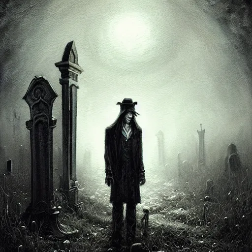 Image similar to a painting of a man standing in a graveyard, an ultrafine detailed painting by seb mckinnon, featured on cgsociety, gothic art, darksynth, dark and mysterious, ominous vibe