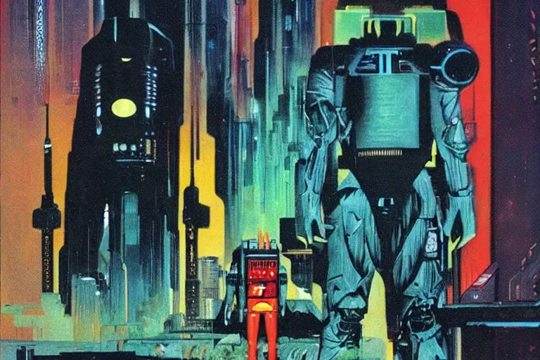 Image similar to 1979 OMNI Magazine Cover depicting a creepy angry imposing Android. Cyberpunk Akira style by Vincent Di Fate