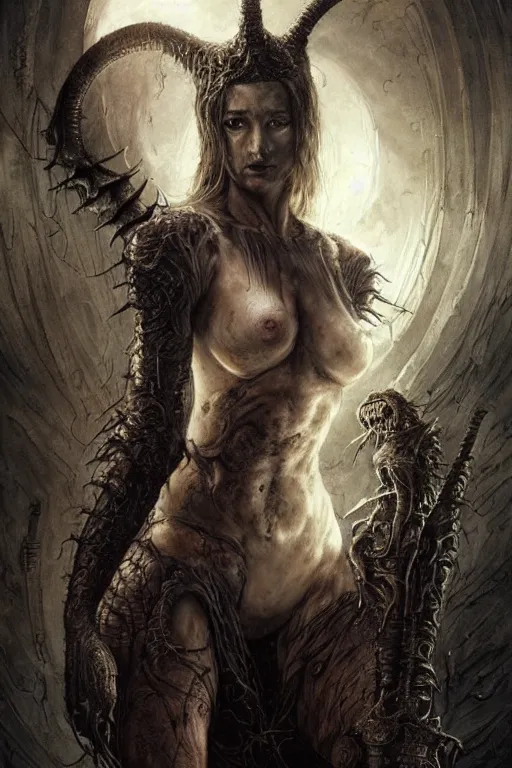 Image similar to portrait of julia garner by hr giger, greg rutkowski, luis royo and wayne barlowe as a diablo, resident evil, dark souls, bloodborne monster