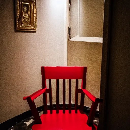 Image similar to a red chair, surrounded by sinister gold tools, at the end of a black stone hallway