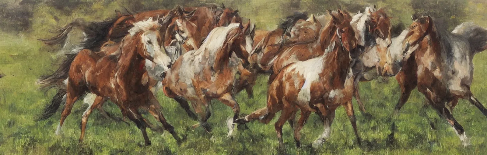 Image similar to lots of horses running through the field, hyper realistic, more details, they might be crawling, original oil on canvas painting by sydney mount