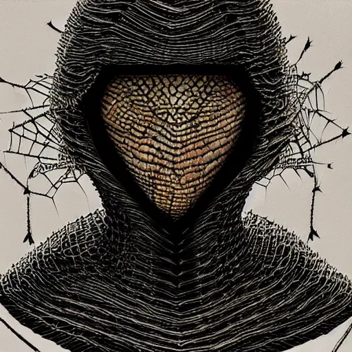 Prompt: a woman armour made out of darwin's bark spider silk by kentaro miura, full portrait