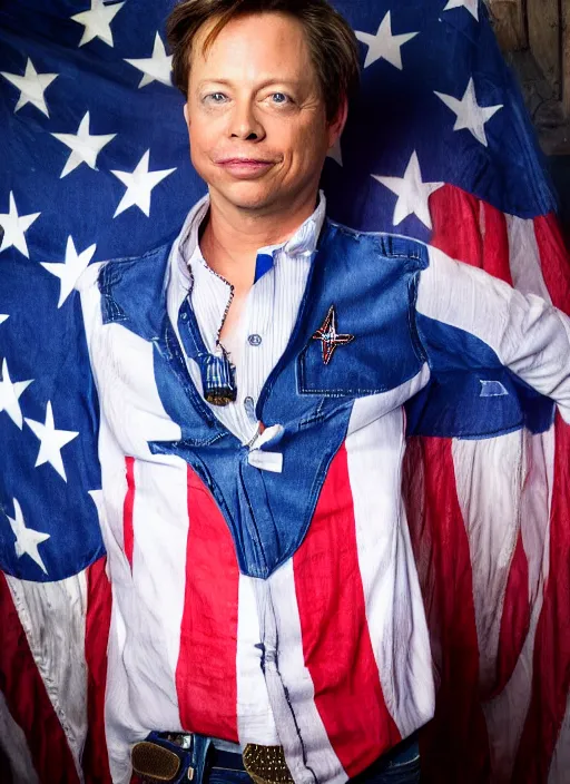 Image similar to election portrait of brock pierce, american flag on background, cowboy style.