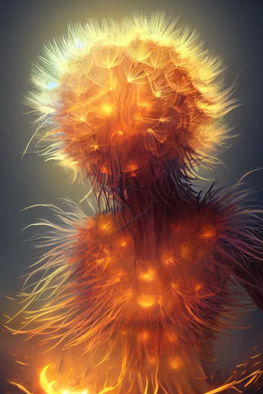 Image similar to a glowing humanoid figure dandelion monster with large glowing eyes, surrounded by orange aura, highly detailed, digital art, sharp focus, trending on art station, artichoke, anime art style