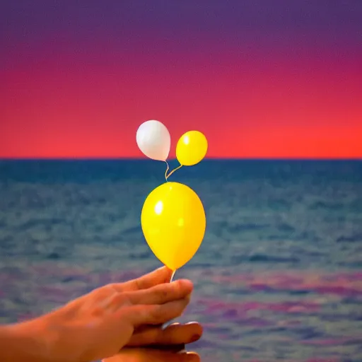 Prompt: a human hand with five fingers holding a yellow balloon sticking out of the ocean with a red sky in the background by chris bilheimer