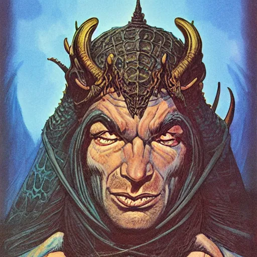 Prompt: head and shoulders portrait of a medieval d & d fantasy anthropomorphic blue dragon - headed sorcerer, comic book cover art by phil noto, frank miller, jeff easley, and hr giger