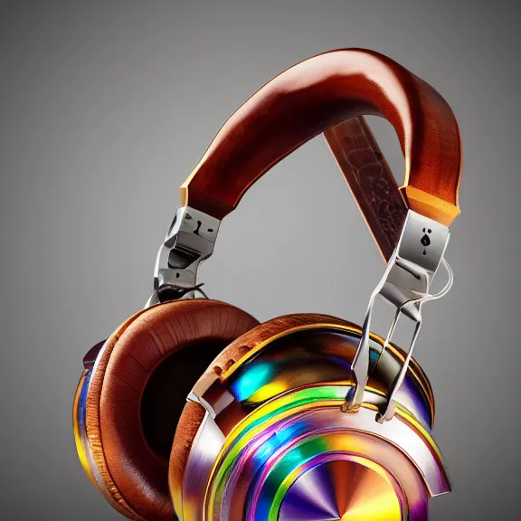 Image similar to masterpiece photo of beautiful crafted artistic bismuth metal headphones, bismuth rainbow metal, bismuth cups, leather padding, displayed on mahogany desk, modernist headphones, bismuth headphones beautiful well designed, hyperrealistic, audiophile, intricate hyper detail, extreme high quality, photographic, meze audio, sennheiser, hifiman, artstation