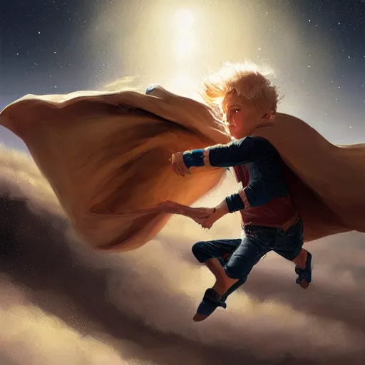 Image similar to blonde boy wearing a brown cape and flying in t pose, closeup, powerful, space background, oil painting, brush strokes, greg rutkowski