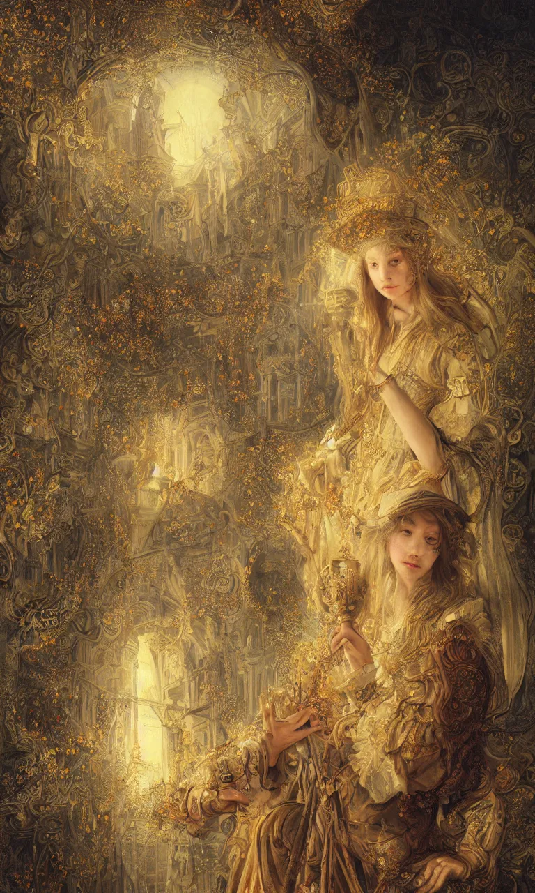 Prompt: breathtaking detailed painting of a young witch, christian saint, with golden intricate flowers on a hat, on a sunlit plaza with a cathedral in the center, ornate background, by Rembrandt, Hsiao-Ron Cheng, Rebecca guay, 8K