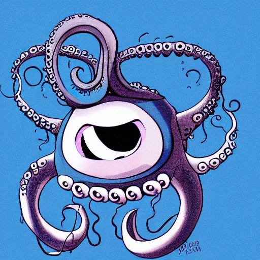 Image similar to character design of an adorable baby faced alien with tentacles on the sides of it's mouth, blue, tiny horns