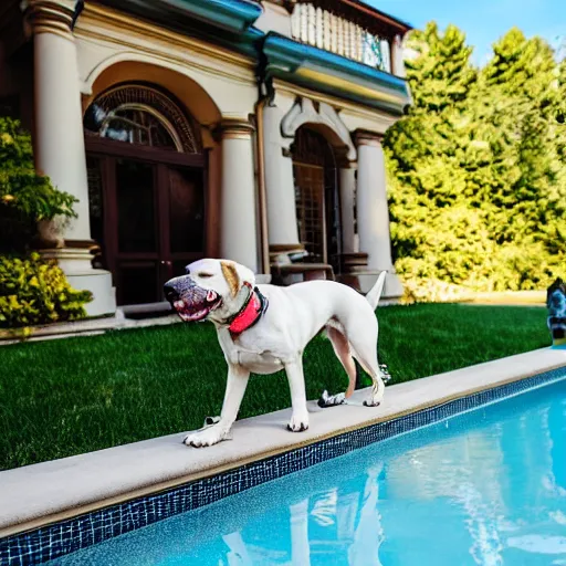 Image similar to a very detailed photo of a dog ( smoking a cigar ) outside the mansion by the pool