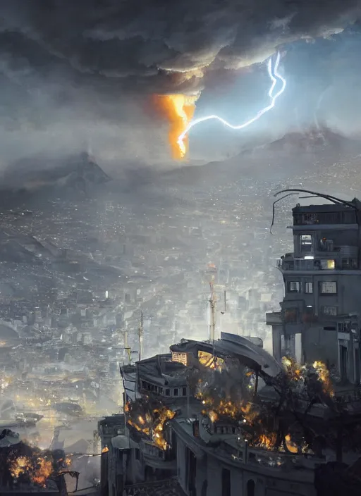 Prompt: hyper realistic squid robot attacking cape town city, table mountain explosions, atmospheric beautiful details, strong composition drawn in ink by kim jung giu weta studio rutkowski, james gurney and greg rutkowski, and lucasfilm