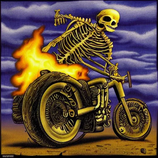 Prompt: richard corben style album cover artwork painting of ghost rider skeleton on a motorcycle