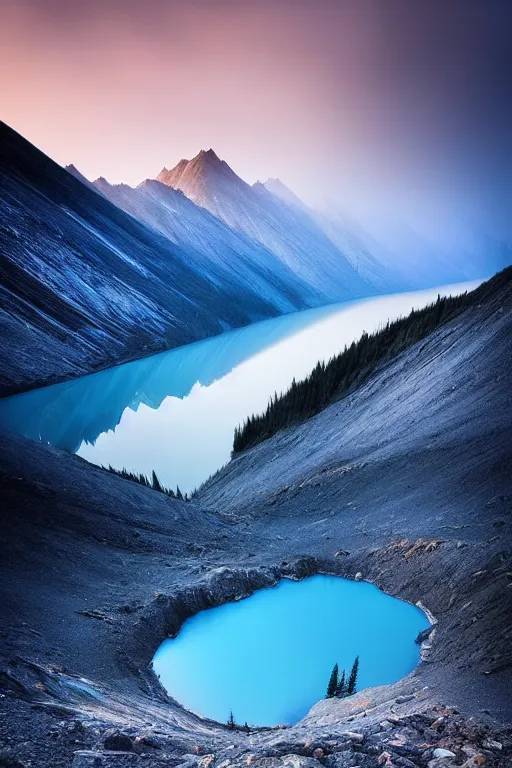 Image similar to a beautiful ethereal mountain scene with a blue lake by daniel kordan, photo realism, dark moody color palate,