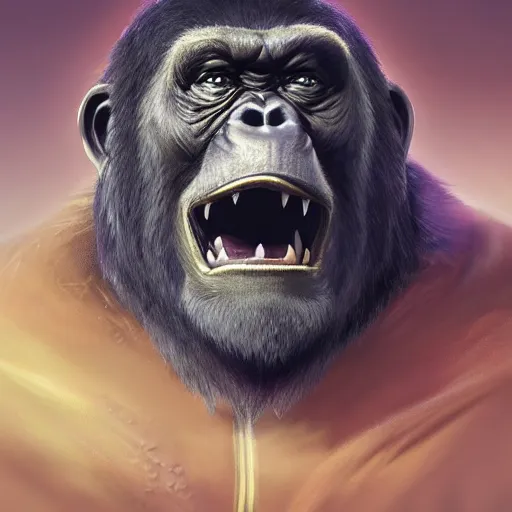 Image similar to high fantasy science-fiction character portrait of Winston the gorilla character from Overwatch, intricate, wild, highly detailed, digital painting, artstation, upper body, concept art, smooth, sharp focus, illustration, art by artgerm and greg rutkowski and alphonse mucha