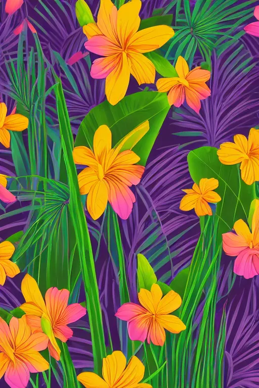 Image similar to dark moody vector illustration of tropical flowers and green reeds, multiple cohesive colors ranging from warms purples to bright oranges on a ((very dark background)), 4K resolution, trending on artstation, hd wallpaper