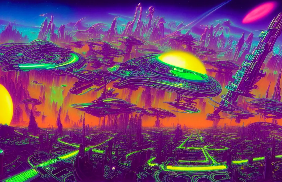 Image similar to cosmic sci - fi exo citys, infinite psychedelic waves, synthwave, bright neon colors, highly detailed, cinematic, panoramic, tim white, michael whelan, roger dean, bob eggleton, lisa frank, vladimir kush, kubrick, james gurney, giger