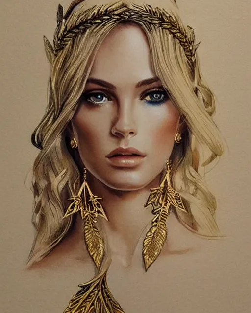 Image similar to tattoo design sketch of hot blonde super model as aphrodite greek goddess wearing a gold laurel wreath and triangle earrings, beautiful piercing gaze with sharp pupils, in the style of greg rutkowski, fantasy, amazing detail, epic, elegant, smooth, sharp focus, front view