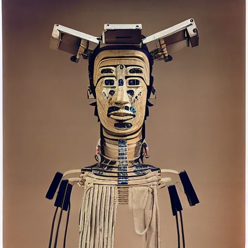 Image similar to A Mayan cyborg, portrait, by Nam June Paik, Man Ray, Annie Liebovitz