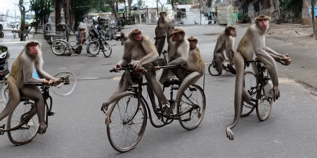 Prompt: monkeys riding bicycles, cinematic