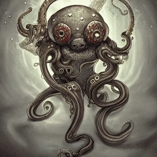 Prompt: Eyeless orb monster with many ears, tentacles holding guns, D&D, high quality, trending on artlist