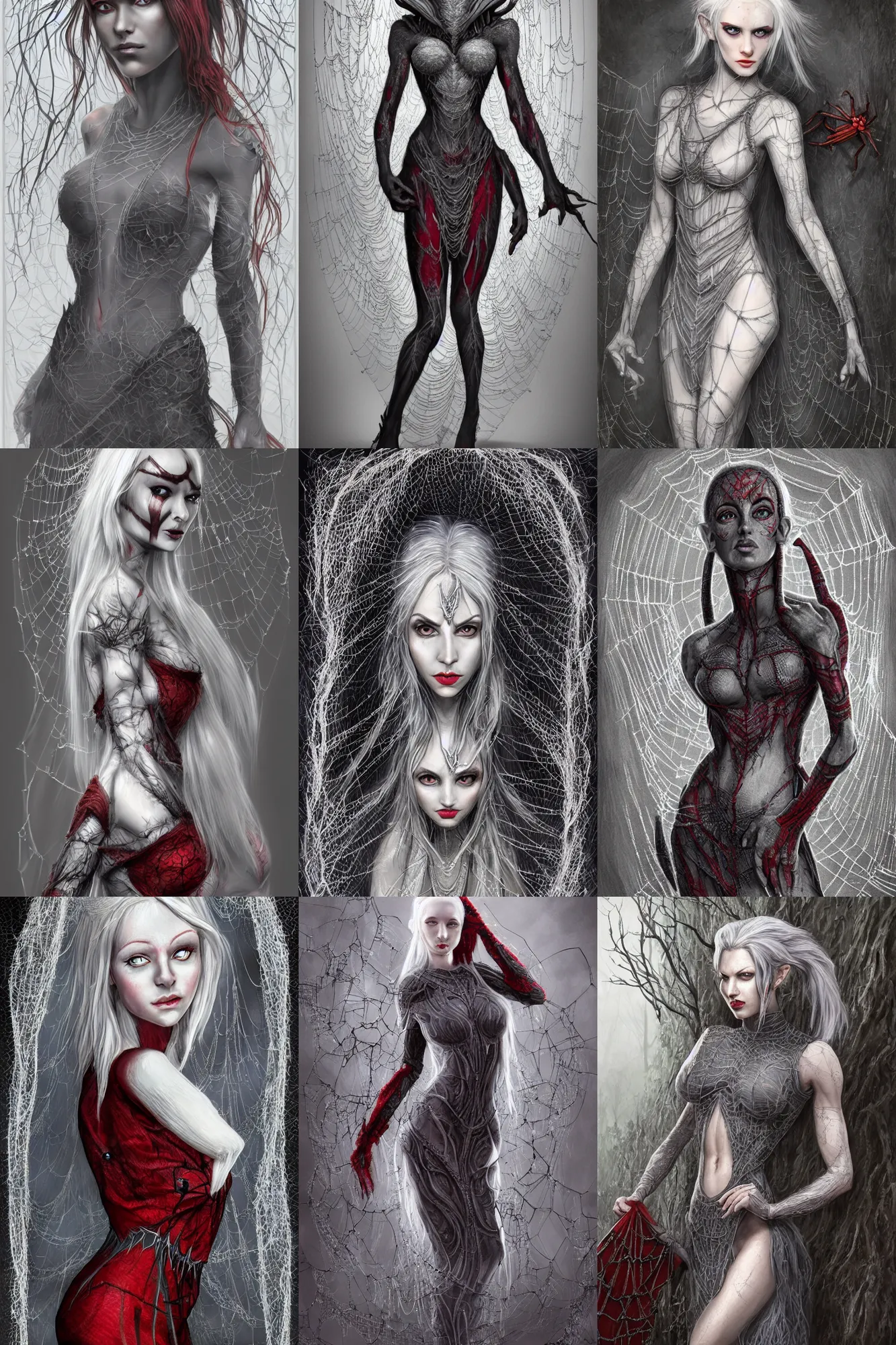 Prompt: alluring full-body portrait of beautiful female grey elf (beautiful, dark grey skin, red eyes, white hair, symmetrical face) wearing a low-cut chesty dress made of spider webs, dark fantasy, D&D, digital art, highly detailed, award winning, concept art, intricate, smooth, sharp focus, photorealistic, art by Keith Parkinson, trending on ArtStation