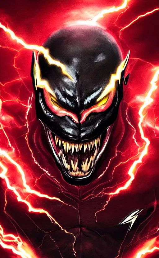 Image similar to portrait of venom as the flash, black and red, dynamic lighting, cinematic, ultra detailed, trending on art station, stunning visuals, creative, fantasy concept art