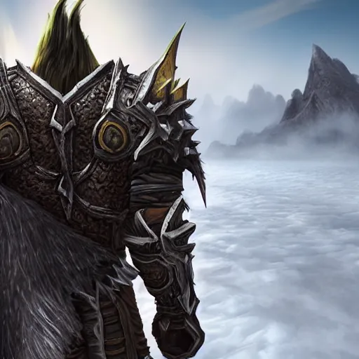 Prompt: world of warcraft orc warrior viewed from the back in spiky epic full plate armor standing in front of a vast icy land and dark icy mounatins in the background, extreely detailed, wow, cinematic, unreal engine 5, artistic, movie poster, world of warcraft cinematics style, only dark contrasting colours, colours ranging of blue white and black