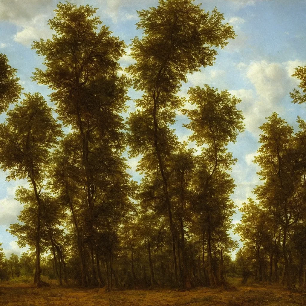 Prompt: a realistic oil painting of a forest and the sky at midday, dutch masters