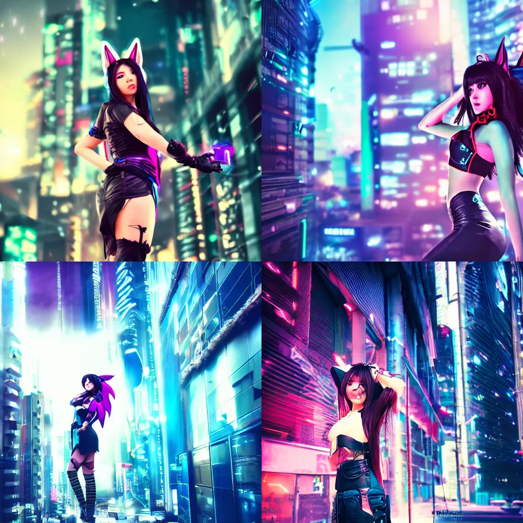 Prompt: Ahri, cyberpunk city, cinematic photograpy