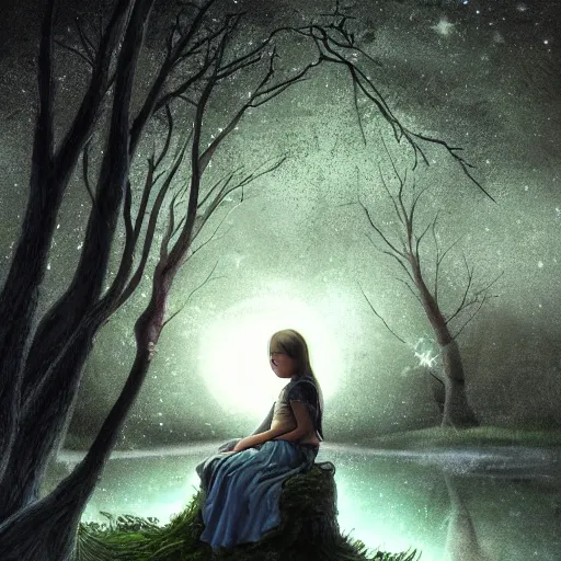 Image similar to a star - gazing girl sits on the roots of an ancient tree next to a pond, the moon can be glimpsed through the trees, towering forest veiled by fog, dark fantasy, night time, realistic painting, ultra detailed