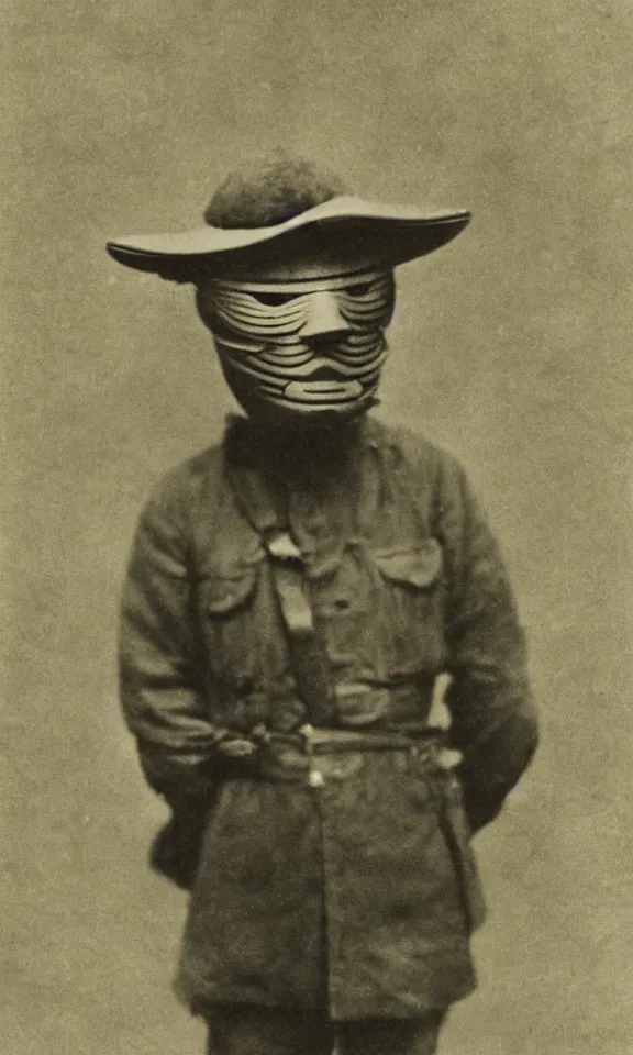 Prompt: person wearing japanese mask mask, ww1 photo, grainy, high detail, high resolution,
