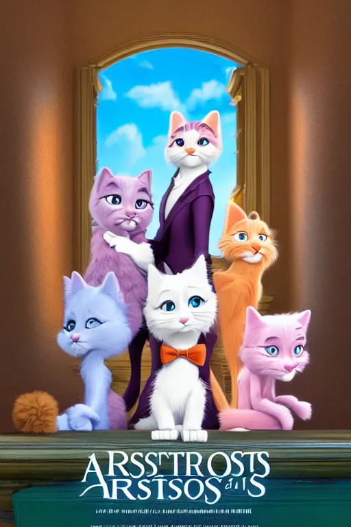 Image similar to aristocats movie poster, cgi, cinema, realistic, cats, disney film