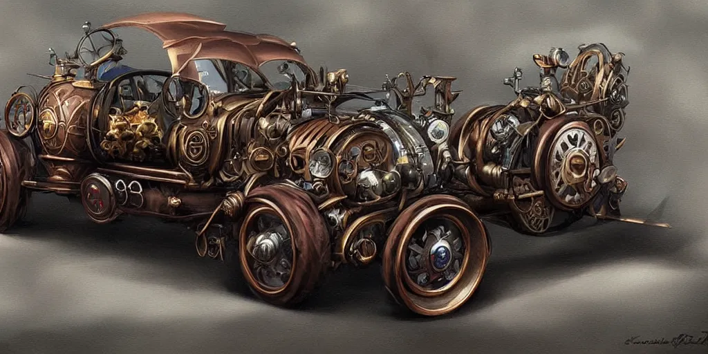 Prompt: Steampunk concept car By Konstantin Razumov, highly detailded