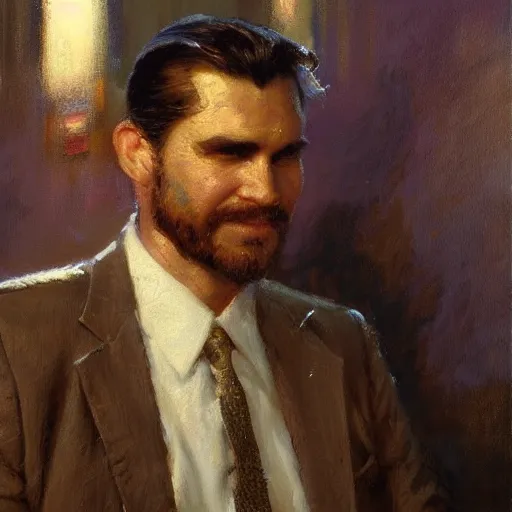 Image similar to a man with a slicked back haircut, painting by Gaston Bussiere, Craig Mullins