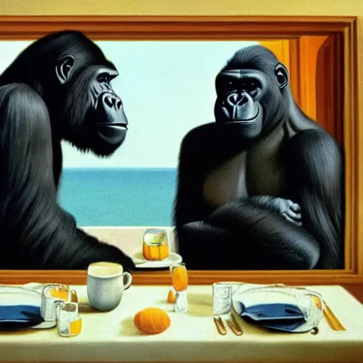 Image similar to a gorilla takes you out for a nice dinner by Raphael, Hopper, and Rene Magritte. detailed, romantic, enchanting, trending on artstation.