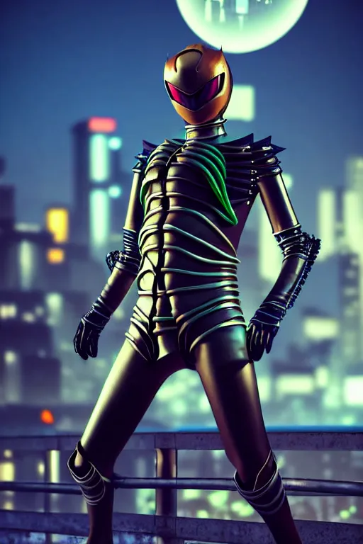 Image similar to kamen rider big technical belt hero action pose, full body portrait, human structure bee concept art, human anatomy, intricate detail, hyperrealistic art and illustration by irakli nadar and alexandre ferra, blurry and sharp focus, on future tokyo night rooftop, unreal 5 engine highlly render, global illumination