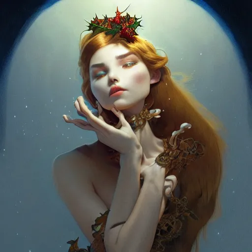 Prompt: the _ nightmare _ before _ christmas, intricate, elegant, highly detailed, my rendition, digital painting, natural light, artstation, concept art, smooth, sharp focus, illustration, art by artgerm and greg rutkowski and alphonse mucha and uang guangjian and gil elvgren and sachin teng, symmetry!!